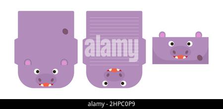 Carino bella lettera di ippopotamo che scrive la carta di cancelleria laser che taglia il modello della scheda. Disegno animale per il saluto, l'invito, le schede di ringraziamento. Stock vettoriale i Illustrazione Vettoriale