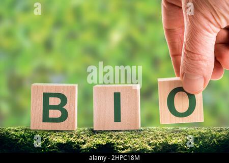 BIO - tex parola su un cubo di legno nella foresta su sfondo verde. Bio concetto, simbolo di equilibrio nella natura cultura vivente, piante ed ecologia. Foto Stock