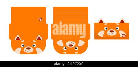 Carino bella lettera rossa panda scrittura carta cancelleria laser taglio scheda modello. Disegno animale per il saluto, l'invito, le schede di ringraziamento. Vettore sto Illustrazione Vettoriale