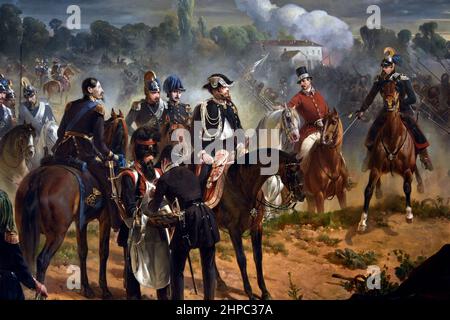 Battaglia di Goito 1848 del pittore Felice Cerruti Bauduc, (battaglia di Goito fu combattuta tra l'esercito piemontese e l'esercito austriaco il 30 maggio 1848, nel corso della prima guerra d'indipendenza italiana. L'esercito piemontese vinse la battaglia) Italia ( il momento del contrattacco piemontese alla battaglia di Goito, visto dal retro. ) Foto Stock