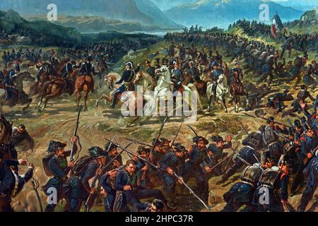 Carica di Pastrengo-prima Guerra d'Indipendenza, Carlo Alberto di Savoia a Pastrengo il 30 1848 aprile, dal pittore Vincenzo Giacomelli, 1855 la prima Guerra d'Indipendenza, Combattuto dal Regno di Sardegna e da volontari italiani contro l'Impero austriaco e altre nazioni conservatrici dal 23 marzo 1848 al 22 agosto 1849. Foto Stock