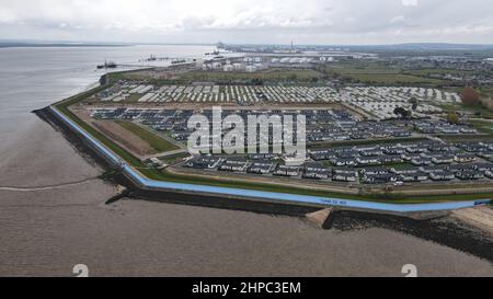 Thorney Bay Residential Caravan Park Canvey Island Essex Regno Unito Aerial drone view Foto Stock