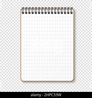 Blocco note con spirale a molla orizzontale. Notebook con foglio bianco punteggiato. Illustrazione vettoriale su sfondo trasparente. Illustrazione Vettoriale