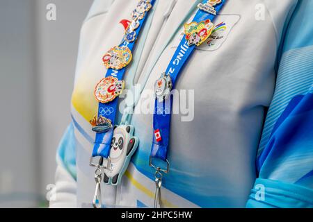 Pechino, Hebei, Cina. 19th Feb 2022. Una foto di un gruppo di pin evento che sono condivisi e scambiati le Olimpiadi invernali di Pechino 2022 a Pechino, Hebei, Cina. (Credit Image: © Walter G. Arce Sr./ZUMA Press Wire) Foto Stock