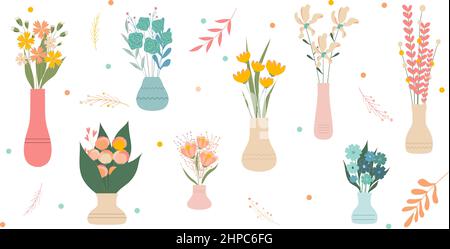 Set di fiori selvatici e giardino in fiore sullo sfondo dei vasi. Pacchetto di bouquet. Set di elementi decorativi di design floreale. Illustrazione del vettore cartoon piano Illustrazione Vettoriale