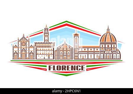 Illustrazione vettoriale di Firenze, segno orizzontale con disegno lineare famoso paesaggio cittadino di firenze su sfondo cielo di giorno, concetto di arte urbana europea Illustrazione Vettoriale