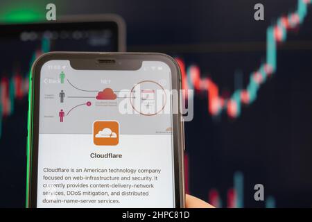 Cloudflare stock price uptrend con grafici in background. L'uomo tiene uno smartphone con il logo sullo schermo, febbraio 2022, San Francisco, USA. Foto Stock