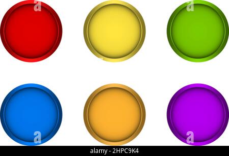 Pulsante rosso, giallo, verde, blu, arancione, Vettore pulsante viola impostato sul retro isolato bianco. Pulsante web rotondo Illustrazione vettoriale con gradienti uniformi. Illustrazione Vettoriale