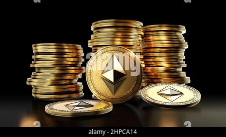 Ethereum con gruppo di monete su sfondo nero. Simbolo di criptovaluta digitale decentralizzato. 3D illustrazione. Foto Stock