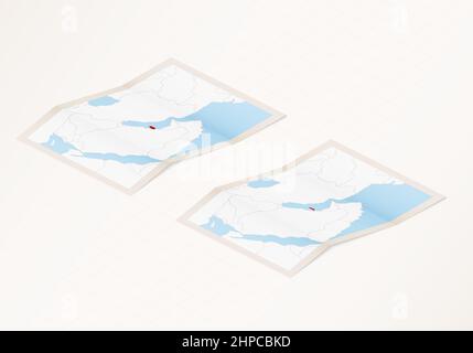 Due versioni di una mappa ripiegata del Qatar con la bandiera del paese del Qatar e con il colore rosso evidenziato. Set di mappe vettoriali isometriche. Illustrazione Vettoriale