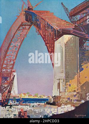 Completamento dell'arco del Sydney Harbour Bridge, Australia. Dal Wonder Book of Science, pubblicato anni '30. Foto Stock