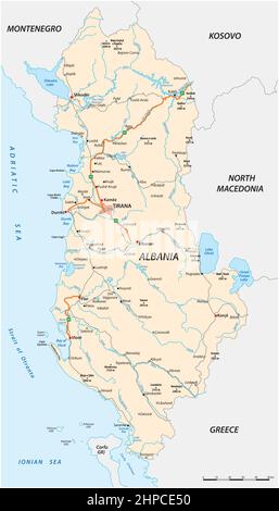 Mappa stradale vettoriale dettagliata della Repubblica d'Albania Illustrazione Vettoriale