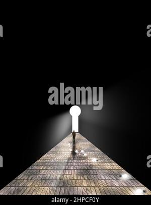 Pittura surreale. Figura dell'uomo che cammina sulla strada di pietra al buco della serratura nello spazio. Rendering 3D Foto Stock