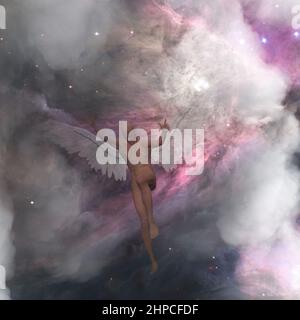 Angelo alato nel cielo. 3D rendering Foto Stock