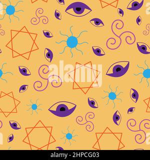 Motivo continuo esoterico con simboli magici disegnati a mano su sfondo giallo. Illustrazione Vettoriale