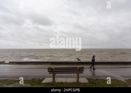 Southend on Sea, Regno Unito. 20 febbraio 2022. Una figura solitaria cammina lungo un sentiero sul lungomare accanto a una panchina di legno, di fronte a un mare turbolento sotto pesanti nuvole grigie. L'alta marea sul lungomare di Southend, mentre la terza tempesta della settimana, Franklin, porta un avvertimento meteorologico giallo e la velocità del vento si prevede sia superiore a 55 km/h nell'area. Questa è la prima volta che l'Ufficio MET ha avuto tre temporali nominali entro una settimana dall'introduzione dell'attuale sistema nel 2015. Penelope Barritt/Alamy Live News Foto Stock