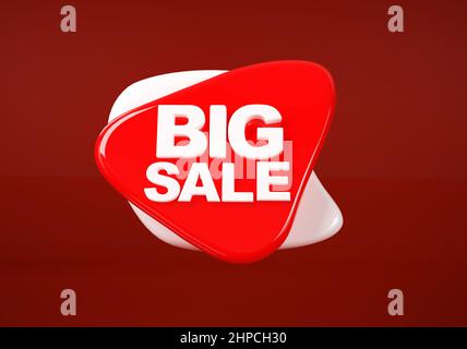 Grande vendita 3D testo banner sconto vendite. 3d etichetta tag di colore grafico di rendering isolata su sfondo rosso Foto Stock