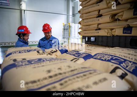 Chongqing, Cina. 12th Feb 2022. I membri del personale controllano l'imballaggio dei prodotti di alcool polivinilico (PVA) a Chongqing, Cina sudoccidentale, 12 febbraio 2022. Un treno merci Yuxin'ou (Chongqing-Xinjiang-Europe) Cina-Europa che trasporta più di 1.100 tonnellate di alcool polivinilico (PVA) e altri prodotti chimici fini ha lasciato il porto di Guoyuan a Chongqing per Duisburg di Germania il 20 febbraio. Credit: Tang Yi/Xinhua/Alamy Live News Foto Stock