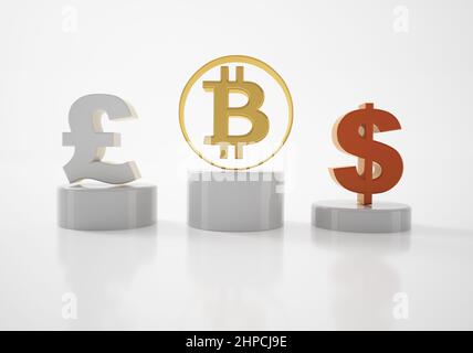 Dollaro, bitcoin e euro segno su un podio rotondo isolato su bianco. 3d illustrazione Foto Stock