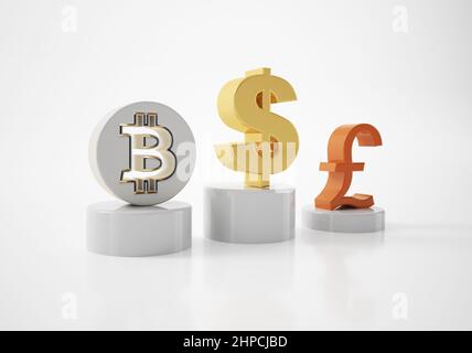 Dollaro, bitcoin e euro segno su un podio rotondo isolato su bianco. 3d illustrazione Foto Stock
