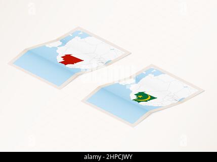 Due versioni di una mappa piegata della Mauritania con la bandiera del paese della Mauritania e con il colore rosso evidenziato. Set di mappe vettoriali isometriche Illustrazione Vettoriale