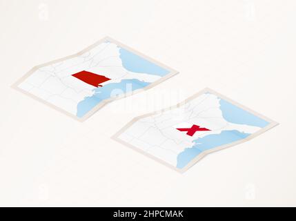 Due versioni di una mappa ripiegata di Alabama con la bandiera del paese di Alabama e con il colore rosso evidenziato. Set di mappe vettoriali isometriche. Illustrazione Vettoriale
