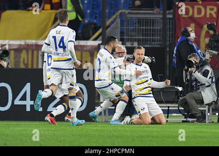 Italia. 19th Feb 2022. Antonin Barak di Hellas Verona FC si sibila dopo aver segnato il gol 0-1 nei 05th minuti durante il calcio Serie A Match, Stadio Olimpico, Roma / Verona, 19th febbraio 2022 (Foto di AllShotLive/Sipa USA) Credit: Sipa USA/Alamy Live News Foto Stock