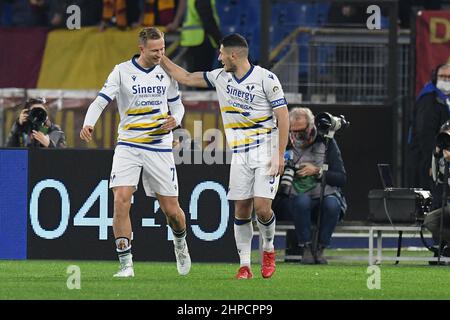 Italia. 19th Feb 2022. Antonin Barak di Hellas Verona FC si sibila dopo aver segnato il gol 0-1 nei 05th minuti durante il calcio Serie A Match, Stadio Olimpico, Roma / Verona, 19th febbraio 2022 (Foto di AllShotLive/Sipa USA) Credit: Sipa USA/Alamy Live News Foto Stock