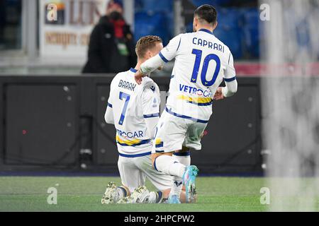 Roma, Italia. 19th Feb 2022. Antonin Barak di Hellas Verona FC si sibila dopo aver segnato il gol 0-1 nei 05th minuti durante il calcio Serie A Match, Stadio Olimpico, Roma / Verona, 19th febbraio 2022 (Foto di AllShotLive/Sipa USA) Credit: Sipa USA/Alamy Live News Foto Stock