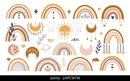 Carino boho arcobaleni clipart per decorazione di stanza dei bambini con arcobaleni carini e luna, sole, nube. Perfetto per acquazzone del bambino, compleanno, festa dei bambini Illustrazione Vettoriale