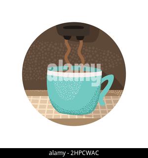 Illustrazione vettoriale di una macchina da caffè che prepara il caffè in una tazza. Illustrazione Vettoriale