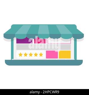 Schermo del laptop con pagina del negozio online. Concept shopping online. Marketing digitale. Notebook con tenda per web design, banner, app, landing page Illustrazione Vettoriale