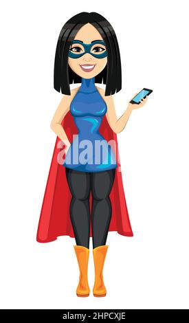 Supereroe donna asiatica. Il concetto di donna che indossa uno smartphone in costume da supereroe. Personaggio cartoon. Illustrazione vettoriale su sfondo bianco Illustrazione Vettoriale