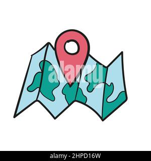 Mappa vettoriale disegnata a mano per viaggiare con geotag in stile doodle. Mappa su carta piegata con un indicatore di percorso e mappa, simbolo di posizione GPS isolato in bianco Illustrazione Vettoriale