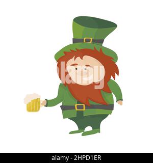 Leprechaun irlandese in tuta verde e cappello con birra isolato. Vettore San Patricks giorno simbolo con tazza di birra Illustrazione Vettoriale