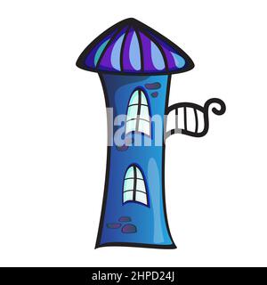 Torri in pietra blu fiabesca con balcone in grazioso stile cartoon. Illustrazione vettoriale in bianco Illustrazione Vettoriale