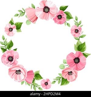 Corona floreale vettoriale con fiori rosa papavero e foglie verdi. Cornice circolare floreale. Progettazione di biglietti di auguri o inviti. Illustrazione Vettoriale