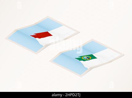 Due versioni di una mappa ripiegata di Washington con la bandiera del paese di Washington e con il colore rosso evidenziato. Set di mappe vettoriali isometriche Illustrazione Vettoriale