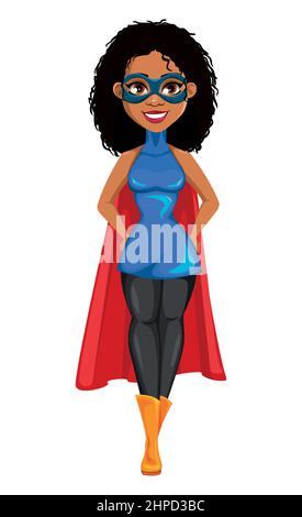 Supereroe sudafricano americano. Concetto di donna che indossa il costume da supereroe. Personaggio cartoon. Illustrazione vettoriale su sfondo bianco Illustrazione Vettoriale