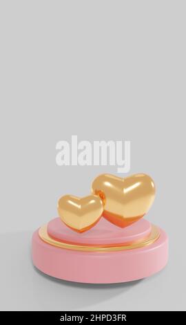 Podio di San Valentino per la presentazione del prodotto in oro rosa sfondo romantico per social post 3D rendering Foto Stock