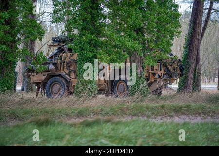 L'esercito britannico Supacat Jackal 4x4 assalto rapido, supporto antincendio e veicoli di ricognizione in un esercizio di addestramento militare, Wiltshire UK Foto Stock