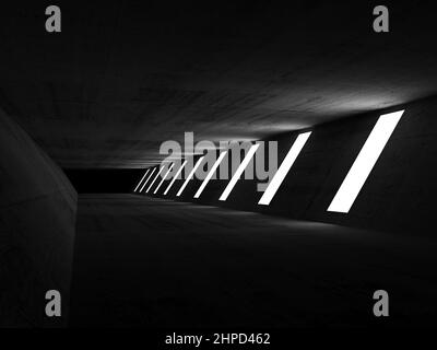 Prospettiva tunnel in cemento scuro con luci in linea sulla parete destra, sfondo interno astratto, illustrazione di rendering 3D Foto Stock