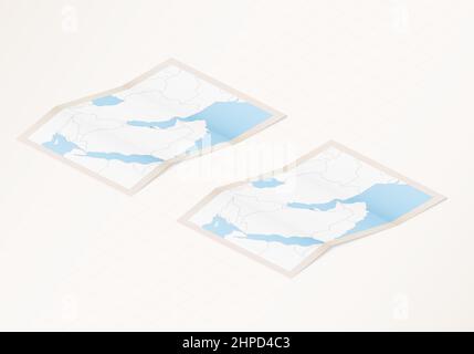 Due versioni di una mappa ripiegata del Bahrain con la bandiera del paese del Bahrain e con il colore rosso evidenziato. Set di mappe vettoriali isometriche. Illustrazione Vettoriale