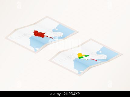 Due versioni di una mappa ripiegata di Myanmar con la bandiera del paese di Myanmar e con il colore rosso evidenziato. Set di mappe vettoriali isometriche. Illustrazione Vettoriale