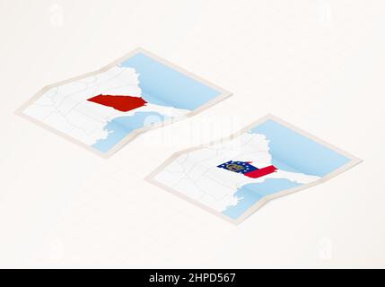 Due versioni di una mappa ripiegata della Georgia con la bandiera del paese della Georgia e con il colore rosso evidenziato. Set di mappe vettoriali isometriche. Illustrazione Vettoriale