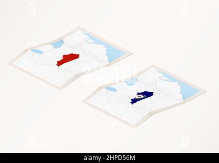 Due versioni di una mappa ripiegata del Kentucky con la bandiera del paese del Kentucky e con il colore rosso evidenziato. Set di mappe vettoriali isometriche. Illustrazione Vettoriale