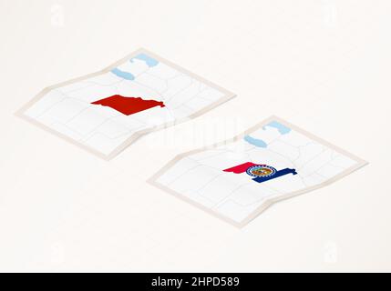 Due versioni di una mappa ripiegata del Missouri con la bandiera del paese del Missouri e con il colore rosso evidenziato. Set di mappe vettoriali isometriche. Illustrazione Vettoriale