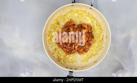 Cipolla tritata fritta e filetto di pollo marinato sulla padella, vista ravvicinata dall'alto. Ricetta paprika di pollo alla panna acida, fase per fase di cottura proc Foto Stock