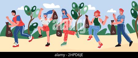 Bandiera di evento di Plogging con la gente che corre con i sacchetti eco della spazzatura e pick up figliata. Plogging e volontariato pulire giorno, flat vettore illustrazione. Illustrazione Vettoriale