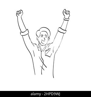 line art uomo d'affari di mezza lunghezza mantenendo pugni in su e urlando con felicità illustrazione vettore disegnato a mano isolato su sfondo bianco Illustrazione Vettoriale